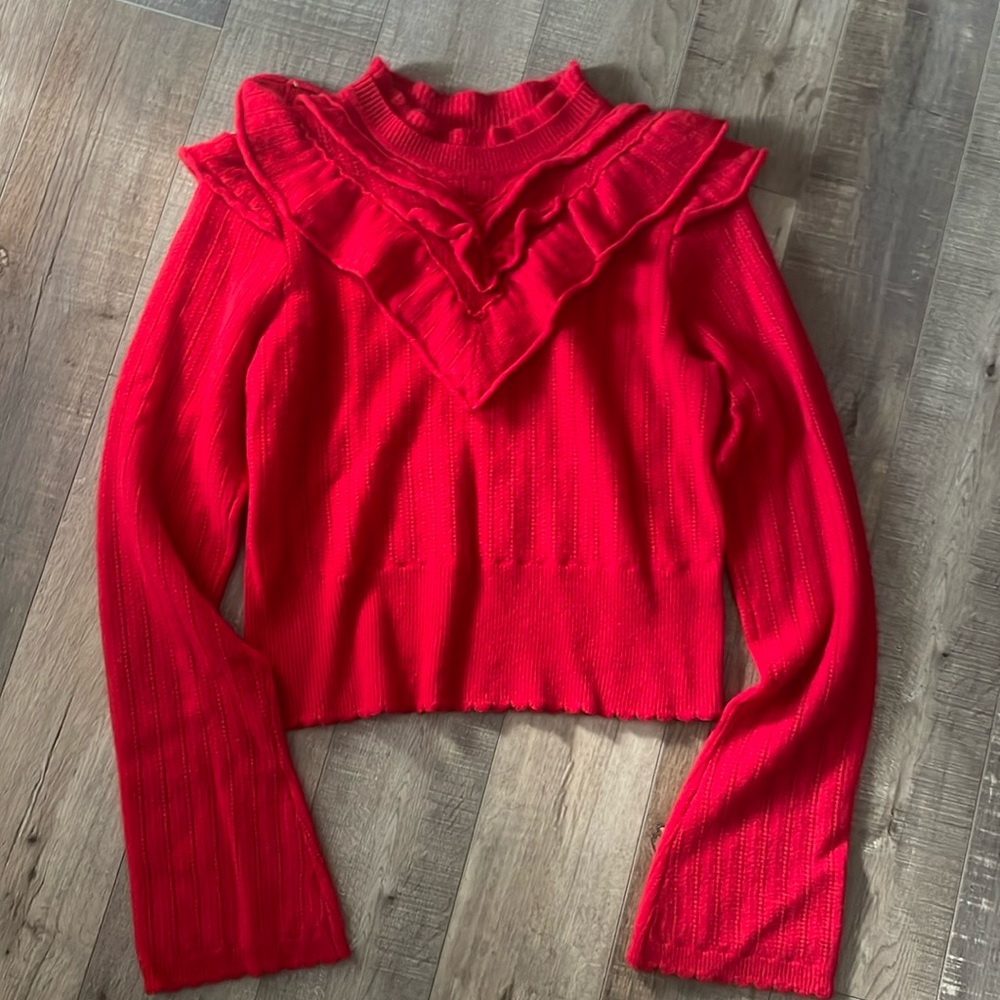 Anthropologie Bright Red Ruffle-Trim Turtleneck Sweater